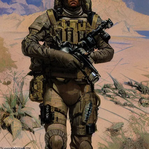 Prompt: Hector. USN special forces recon operator in near future gear, cybernetic enhancement, on patrol in the Australian neutral zone, Barren landscape. 2087. Concept art by James Gurney and Alphonso Mucha