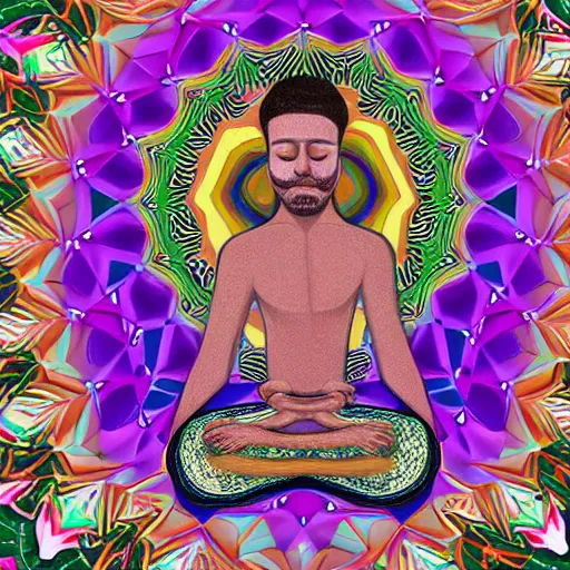 Image similar to A beautiful painting of a man with a large head, sitting in what appears to be a meditative pose. His eyes are closed and he has a serene look on his face. His body is made up of colorful geometric shapes and patterns that twist and turn in different directions. It's almost as if he's sitting in the middle of a kaleidoscope! electric purple by Peter Holme III, by Phoebe Anna Traquair ghostly, sinister