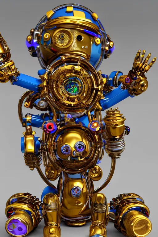 Prompt: photo of a smiling golden and blue metal steampunk robotbust covered with multicolored tubes and gears, eyes are glowing green lightbulbs, arms are music instruments, shiny crisp finish, 3 d render, 8 k, insaneley detailed, fluorescent colors