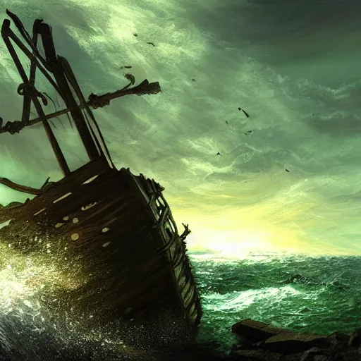 Image similar to wooden shipwreck of old pirate ship on rocks at sea, dramatic lighting, sun beams, god rays illuminating wreck, dark background, gloomy green sea, fantasy art, painting, concept art, oil painting, brushstrokes