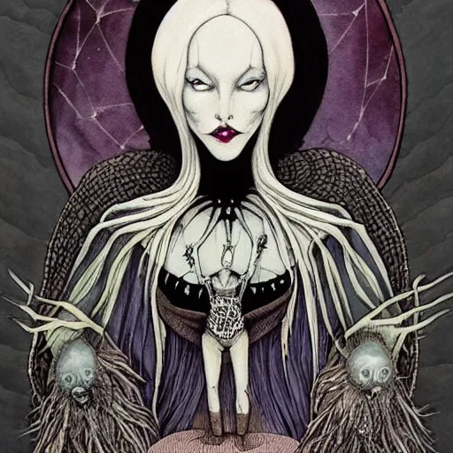 Image similar to the smiling beautiful female queen witch occult with giant spiderlegs surrounding her throne by gerald brom by anna steinbauer by kelly mckernan by edward gorey, trending on artstation