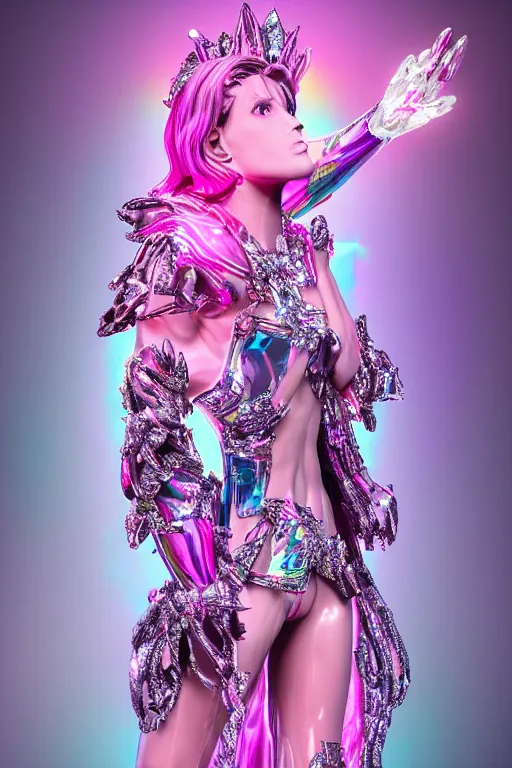 Image similar to hyper detailed ultra sharp fullbody photo of baroque and cyberpunk transparent pink gem sculpture of a muscular seductive young latino feeling muy cachondo, muy dotado, iridescent humanoid deity wearing ed plastic seethrough cloak, holding a rainbow tiger gem, blue diamond, glowing pink face, crown of white diamonds, cinematic lighting, photorealistic, octane render 8 k
