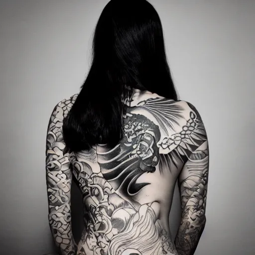 Prompt: photography of the back of a woman with a black detailed irezumi tatto representing a cute caracal on her entire back, dark hangar background, mid-shot, editorial photography