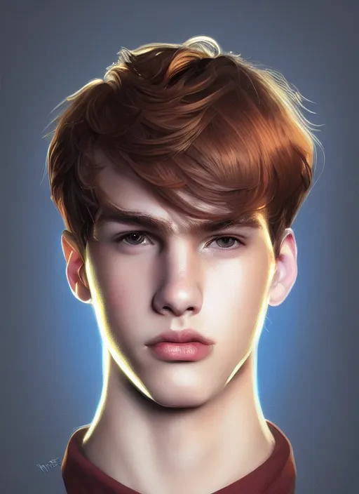 Image similar to portrait of teenage jason blossom, cleft chin, bangs, rich boy, mischievous expression, evil smirk, bangs and wavy hair, bangs, intricate, elegant, glowing lights, highly detailed, digital painting, artstation, concept art, smooth, sharp focus, illustration, art by wlop, mars ravelo and greg rutkowski