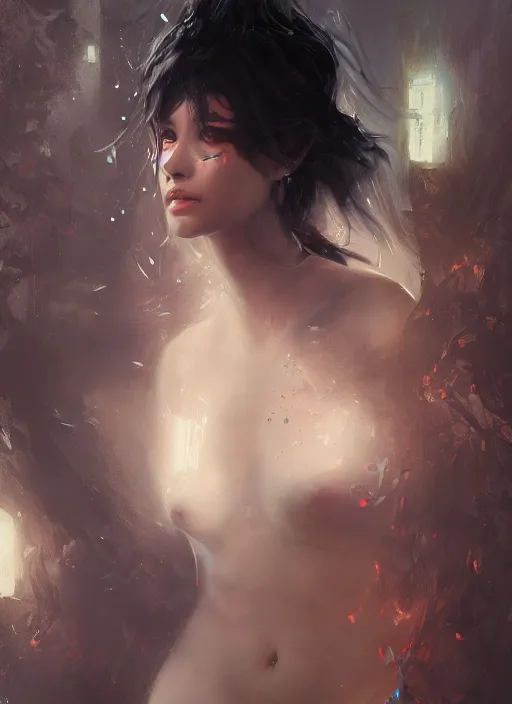 Prompt: full shot of a beautiful woman covered by black oil, bio luminescent, plasma, by ruan jia key art. fantasy illustration. award winning, artstation, intricate details, realistic, hyperdetailed, 8 k resolution.