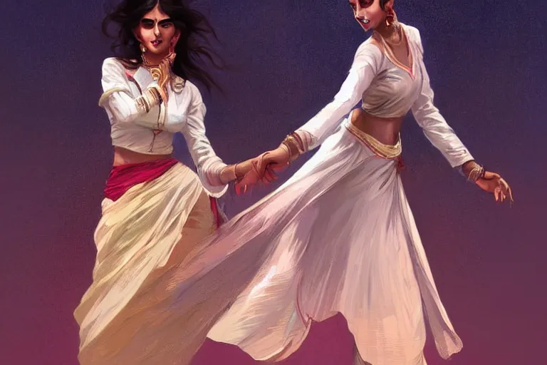 Image similar to Beautiful pale young Indian doctor wearing a skirt dancing in Texas, portrait, elegant, intricate, digital painting, artstation, concept art, smooth, sharp focus, illustration, art by artgerm and greg rutkowski and alphonse mucha