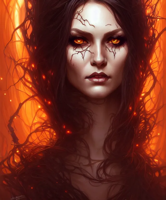 Image similar to Halloween woman portrait, sci-fi, amber eyes, face, long hair, fantasy, intricate, elegant, highly detailed, digital painting, artstation, concept art, smooth, sharp focus, illustration, art by artgerm and greg rutkowski and alphonse mucha