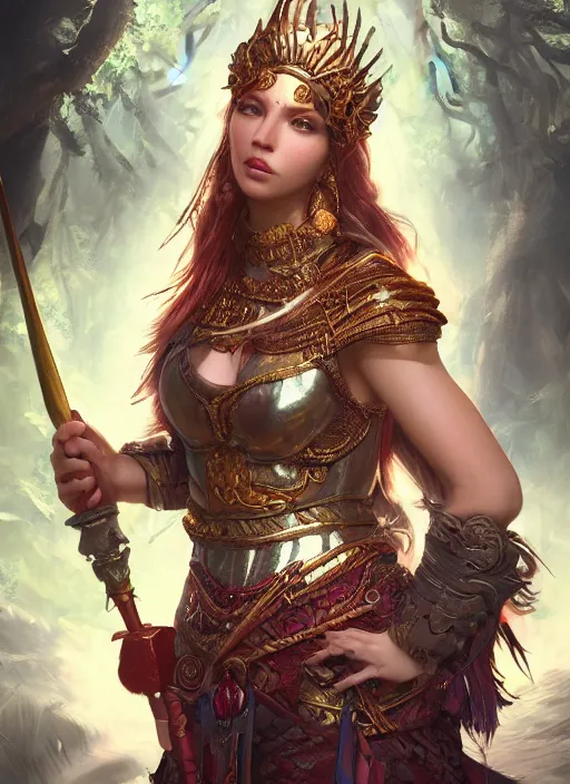 Prompt: Beautiful art portrait of a female fantasy godess warrior in a bright temple surrounded by lush forest, atmospheric lighting, intricate detail, cgsociety, hyperrealistic, octane render, RPG portrait, ambient light, dynamic lighting