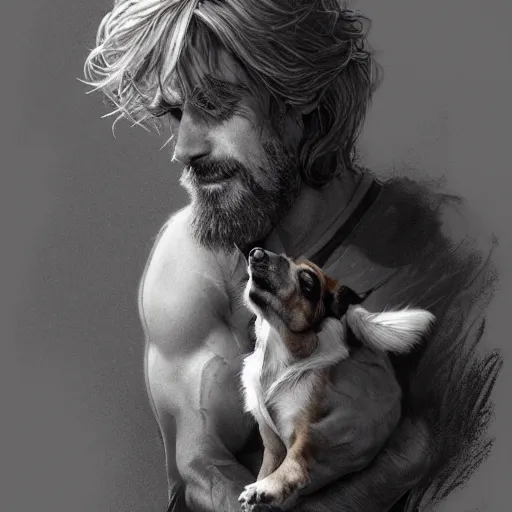 Image similar to portrait of a young, ruggedly handsome man holding a corgi dog, soft hair, muscular, half body, cloth, hairy, d & d, fantasy, intricate, elegant, highly detailed, digital painting, artstation, concept art, smooth, sharp focus, illustration, art by artgerm and greg rutkowski and alphonse mucha