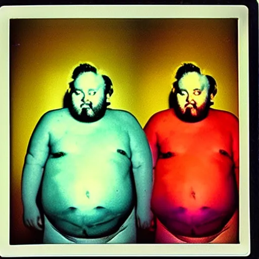 Image similar to color polaroid portrait of a fat man as taken by andy warhol. photography, instant photography, color accurate, photographer, film, integral print, studio. no marilyn monroe, no paint.