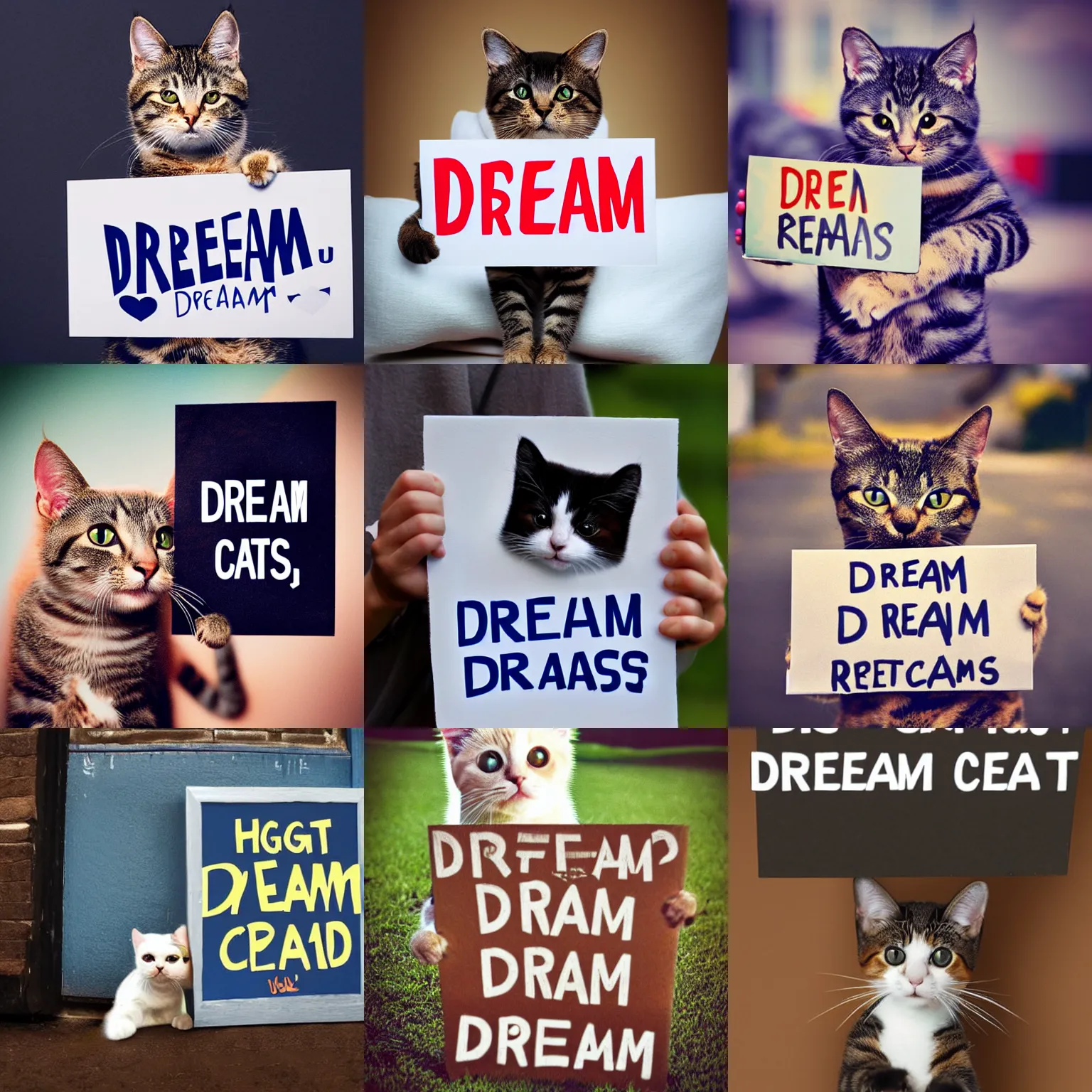 Image similar to realistic high quality photo of a cute cat holding a sign with text that reads : dream cats