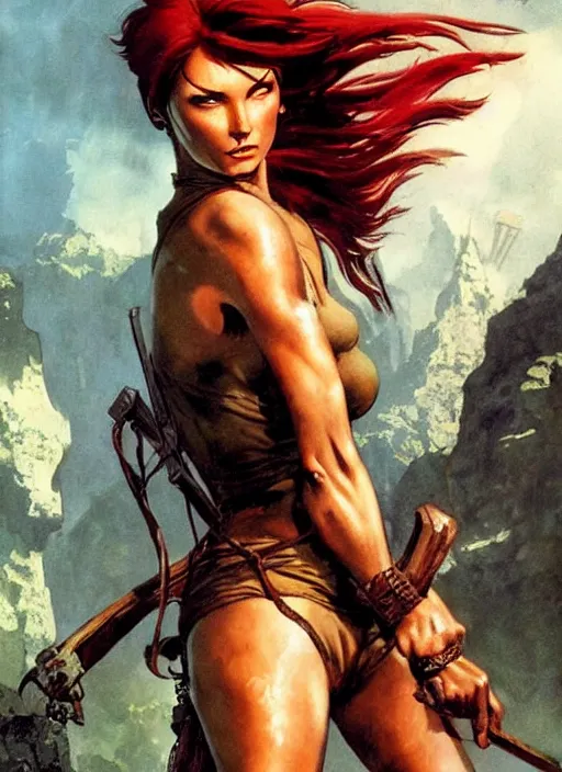 Prompt: portrait of tomb raider with red hair illustration by frank frazetta and boris vallejo