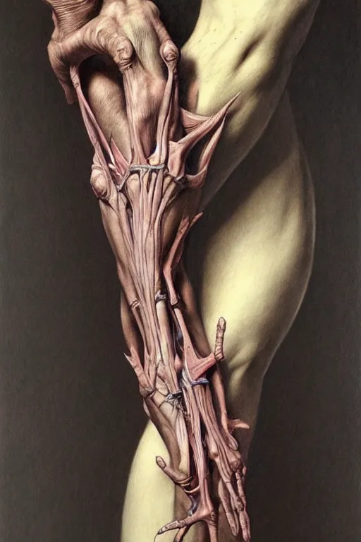 Image similar to human forearm artists anatomy in the style of wayne barlowe, gustav moreau, goward, bussiere, roberto ferri, santiago caruso, luis ricardo falero, dali