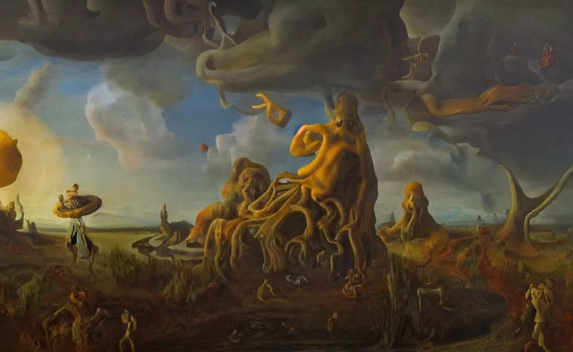 Image similar to very detailed colorful strange disturbing dutch golden age surrealistic landscape with very small humanoid strange figures in the distance with large looming biomorphic figures looming inthe foreground, cast shadows, chiaroscuro, painted by dali and rachel ruysch, timeless disturbing masterpiece perfect composition