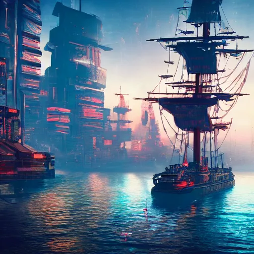 Prompt: high quality photo of a pirate ship in a cyberpunk cyberpunk cyberpunk city, realism, 8k, award winning photo