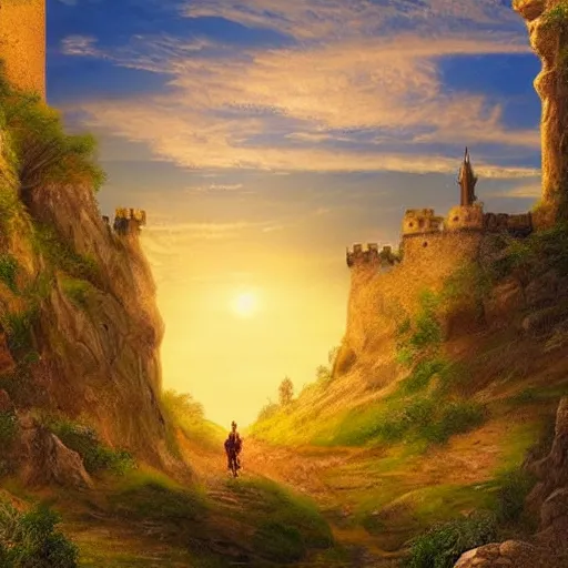 Image similar to a beautiful landscape with a castle, setting sun and a knight on horseback riding towards the viewer via a narrow winding path, epic sky, very realistic and colorful, realism, many details