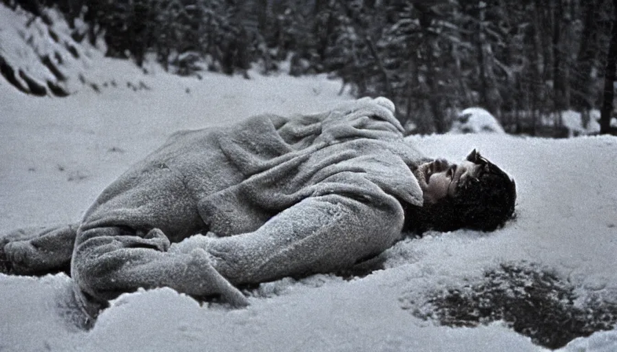 Prompt: 1 9 6 0 s movie still close up of marcus aurelius wearing legionnaire clothes frozen to death under the snow by the side of a river with gravel, pine forests, cinestill 8 0 0 t 3 5 mm, high quality, heavy grain, high detail, texture, dramatic light, anamorphic, hyperrealistic, detailed hair, bright sun