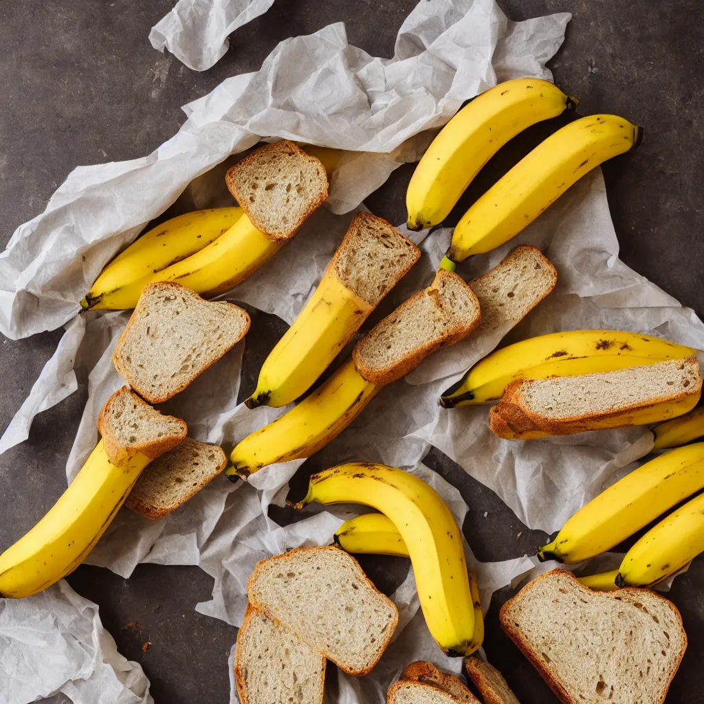 Image similar to bananas and bread bundled together with a paper banderole