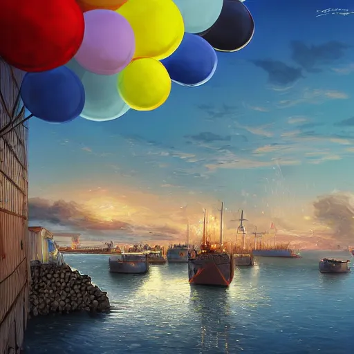 Image similar to digital art of a maritime port in bretagne with giant birthday balloons, artstation cgsociety masterpiece