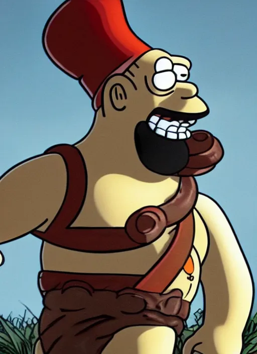 Image similar to painted white Homer Simpson:: depicted as Kratos God of War, Matt Groening art, high detailed official artwork