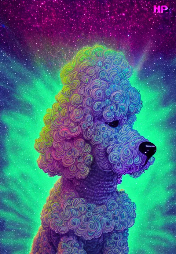 Prompt: a beautiful portrait of a poodle in a galactic iridescent spacesuit, holographic, synthwave color palette, cinematic, volumetric fog, risographic, digital art, 4 k, vintage sci - fi, inspired by moebius, inspired by thimbwhite, inspired by h. r. giger