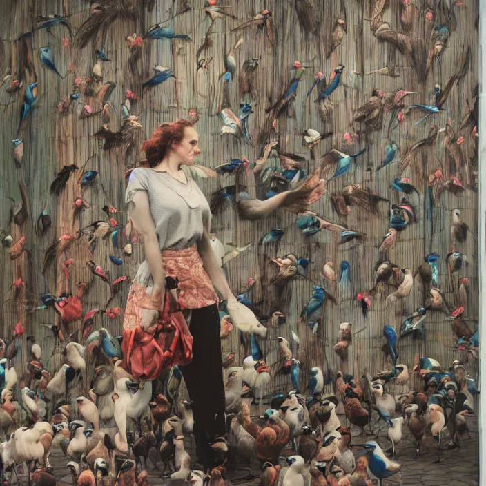 Prompt: a woman surrounded by birds, in a strip mall, color photograph, by john william waterhouse, canon eos c 3 0 0, ƒ 1. 8, 3 5 mm, 8 k, medium - format print