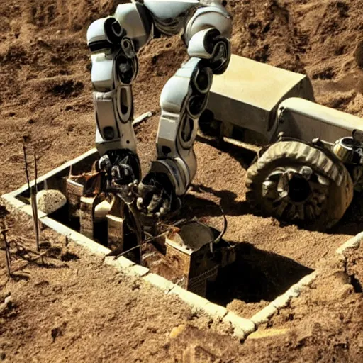 Image similar to robot archaeologist digging up the remains of human civilisation cinematic realistic 3 5 mm