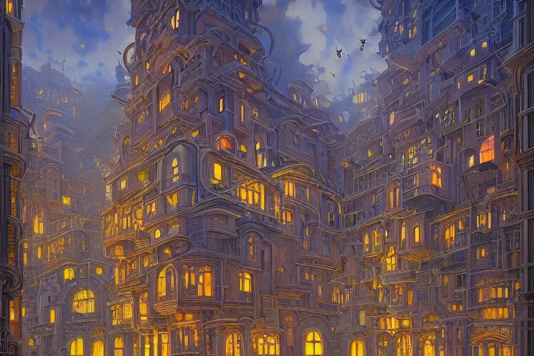 Image similar to beautiful painting of an art moderne city, glowing windows. reflective detailed textures, moth wings and flowering vines and brushed steel, highly detailed dark fantasy science fiction painting by donato giancola and peter mohrbacher and nicholas roerich and diego rivera, elaborate geometric ornament, silver and cool colors. artstation