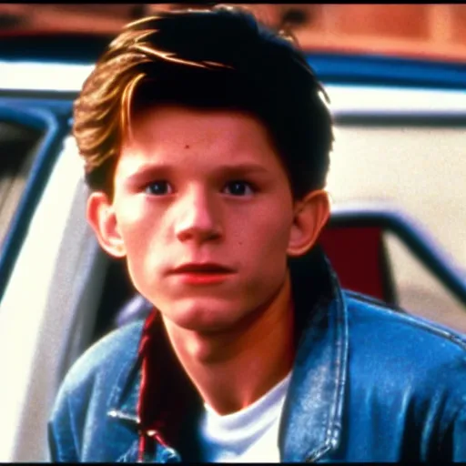 Prompt: Still of Tom Holland as Marty mcfly in back to The Future 1985 movie