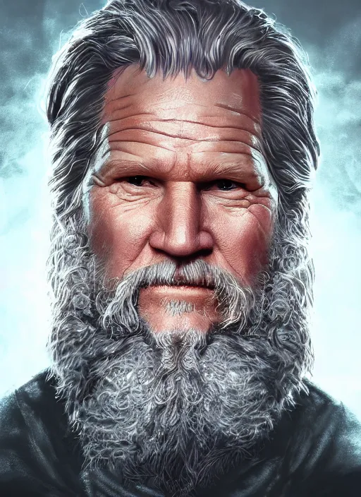 Image similar to A fantasy comic book style portrait painting of Jeff Bridges as a wizard in atmospheric dark castle setting, unreal 5, DAZ, hyperrealistic, octane render, RPG portrait, dynamic lighting