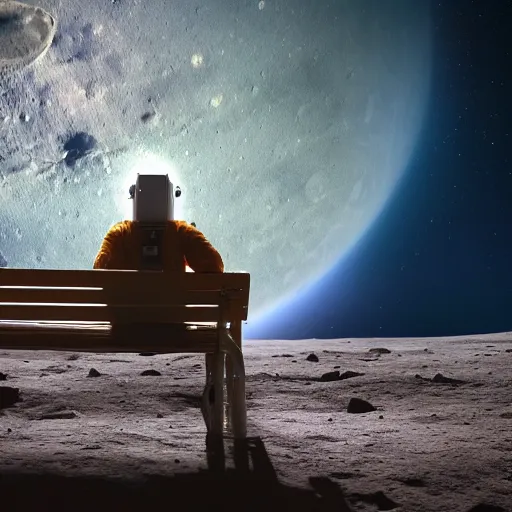 Image similar to astronaut on the Moon sitting on a bench reading a book, Planet Earth visible over the horizon, rim lighting, cinematic lighting, photo realistic image, 4K, super detailed, cinematic look, H 1024