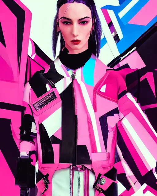 Prompt: an award winning fashion photograph for Balenciaga's futuristic cyberpunk Bladerunner 2049 fall corporate line by Artgerm, dazzle camouflage!, dayglo pink, dayglo blue, raven black