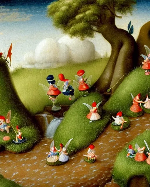 Image similar to miniature diorama painting of the garden gnomes filled with whimsical fairies dancing in a river of waterfalls falling from the cotton clouds with realistic cloud background by Bosch and Breugel