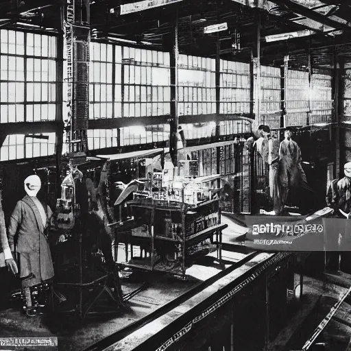 Prompt: scientists studying a creature in a warehouse, 1 9 2 0's sci - fi, black and white, 8 k, highly ornate intricate details, extreme detail,