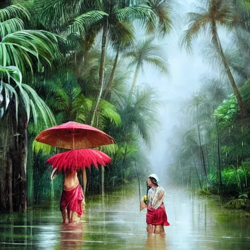 Prompt: monsoon on tropical island, attractive oriental native in white, frontal, ornate, beautiful, atmosphere, vibe, mist, coconuts, rain, wet, pristine, puddles, melting, dripping, snow, creek, lush, ice, bridge, forest, roses, flowers, oil painting by hans zatska