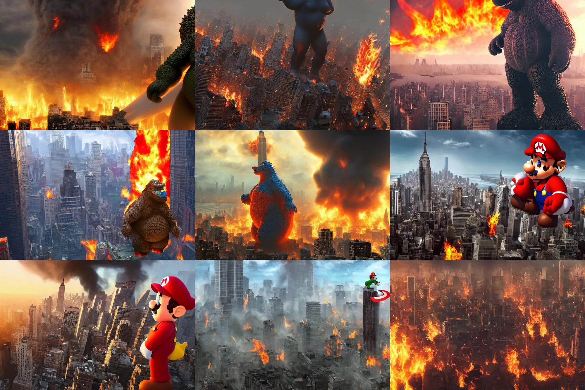 Prompt: gigantic obese hyperrealistic Mariozilla (Mario size of Godzilla) towers over the burning city of New York and holds a skyscraper in his hand, 8K resolution, ultra detail, dim lighting