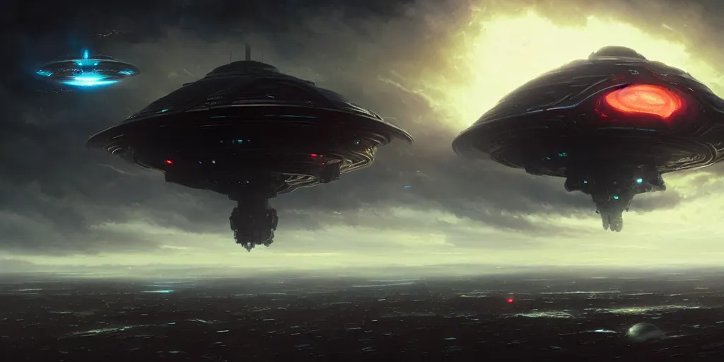 Prompt: alien mothership hovering in the sky above city, ultra high definition, sci - fi, fantasy, by greg rutkowski