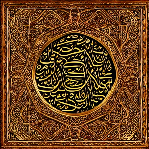 Image similar to arabic art calligraphy, arabic calligraphy art designs, wall art arabic calligraphy art designs , canva, wall painting, intricate artwork masterpiece, very coherent artwork, cinematic, islamic art, very coherent artwork, ultra high quality model, production quality cinema model, octane render, high detail, one frame