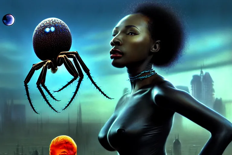 Image similar to realistic detailed photorealistic film portrait shot of a beautiful black woman with a giant spider, sci-fi city landscape background by Denis Villeneuve, Amano, Yves Tanguy, Alphonse Mucha, Ernst Haeckel, Max Ernst, Andrei Tarkovsky, Edward Robert Hughes, Roger Dean, necklace, dynamic pose, rich moody colours, wide angle, blue eyes