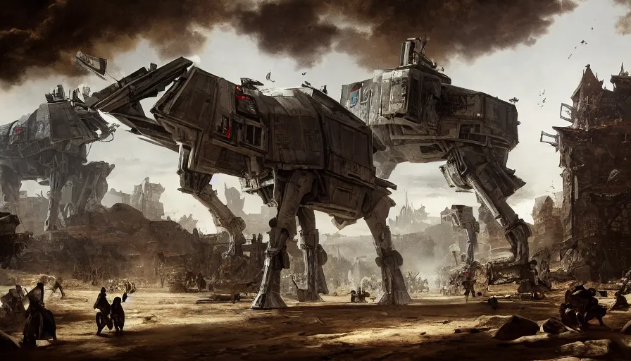 Prompt: baroque painting of at - at walking and destroying villages and cities, hyperdetailed, artstation, cgsociety, 8 k