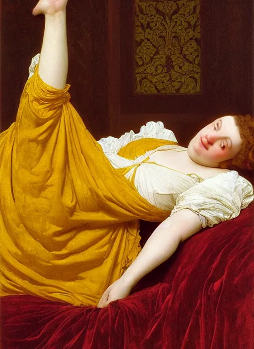 Image similar to masterpiece portrait of lady reclining on bed wearing yellow ochre ornate medieval dress, vertical, foreshortening, colour photography by frederic leighton, william morris, 8 k