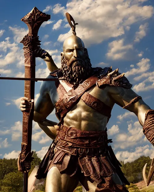 Prompt: a gigantic 1 0 0 0 foot bronze statue of a spartanburg warrior holding his spear and shield, god of war, fantasy landscape, thousands of tiny onlookers, photorealistic, atmospheric