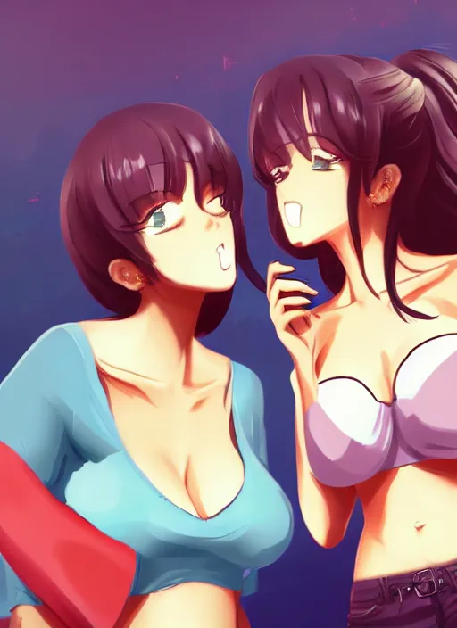 Prompt: two beautiful mothers taunting each other, summer clothes, gorgeous faces, smooth, thick lines, cinematic lighting, detailed anime art