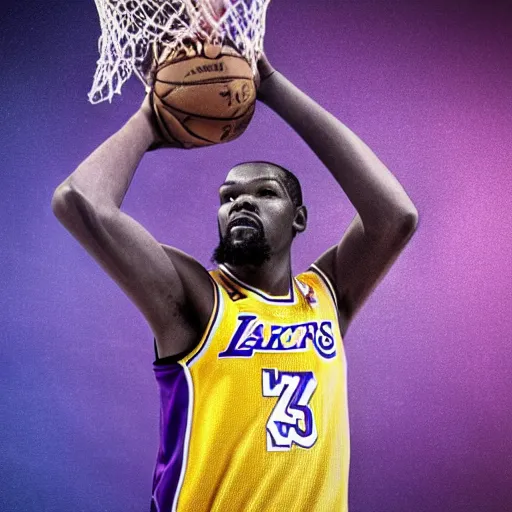 Prompt: Portrait of Kevin Durant wearing a Lakers Jersey, octane render trending on artstation digital art.