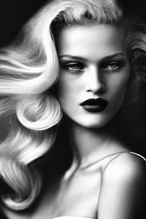Prompt: stunning award - winning portrait by peter lindbergh of a beautiful young blonde woman. vintage hollywood glamour. long shiny wavy hair. movie star makeup. vogue. fashion photography. sharp focus. canon 5 0 mm.