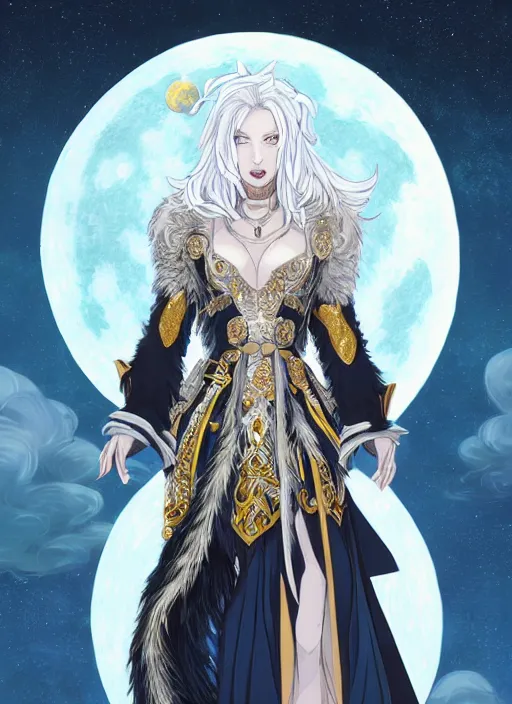 Image similar to commissioned full body portrait of a female anthro werewolf fursona with white hair wearing a white and gold chinese armored dress in a white and gold palace on a starry night with a large rescent moon, by a professional manga illustrator, Stanley Artgerm Lau, WLOP, Rossdraws, James Jean, Andrei Riabovitchev, Marc Simonetti, and Sakimichan, trending on artstation