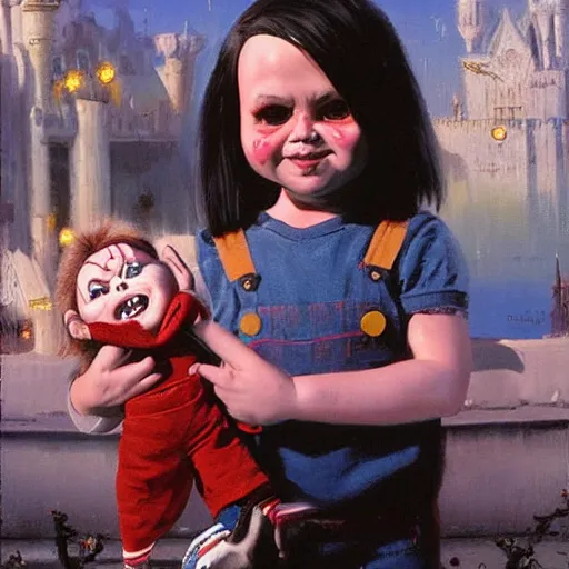 Image similar to chris patt holding the doll chucky, disney land as backdrop, oil painting, by greg rutkowski