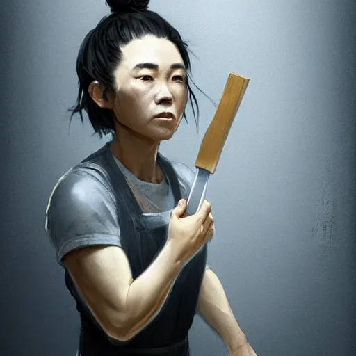 Image similar to portrait of a short muscular Japanese woman with a short ponytail wearing a gray t shirt and a work apron, dramatic lighting, illustration by Greg rutkowski, yoji shinkawa, 4k, digital art, concept art, trending on artstation