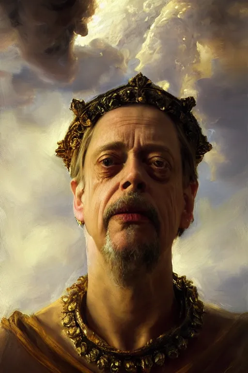 Image similar to beautiful detailed expressive impressionistic oil painting portrait of ancient roman god emperor steve buscemi ascending into the clouds wearing the civic crown, renaissance painting, art by anders zorn, wonderful masterpiece by greg rutkowski, expressive brush strokes, beautiful cinematic light, american romanticism by greg manchess, jessica rossier