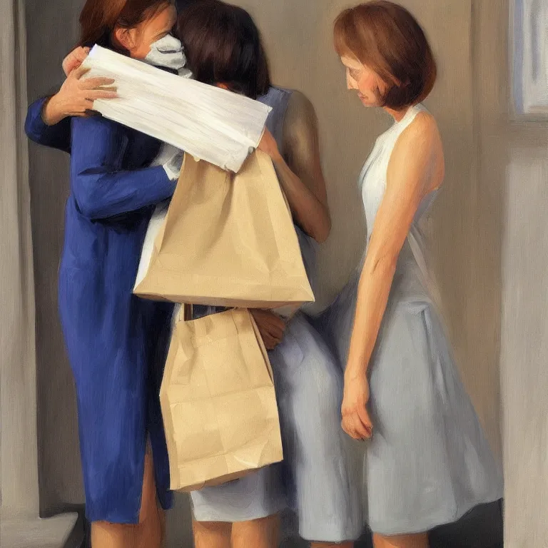 Image similar to two women hugging with a paper bag over the head dressed in plastic bags, highly detailed, artstation, art by, , edward hopper, zdislav beks